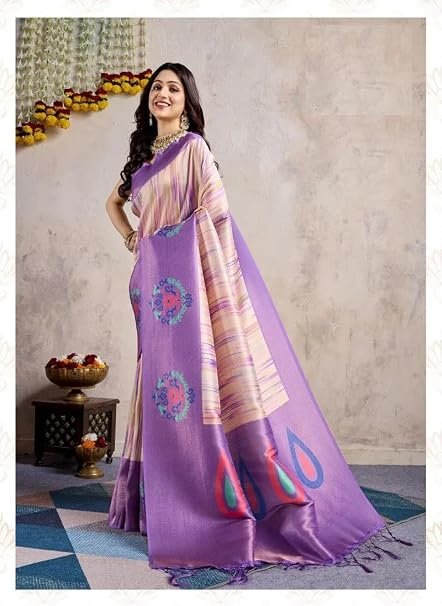 Designer Banarasi Silk Saree with Modern Abstract Print & Woven Mandala Pallu | Pre-Stitched Fall & Pico Included | ViViRaSmi