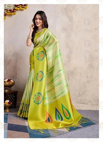 Designer Banarasi Silk Saree with Modern Abstract Print & Woven Mandala Pallu | Pre-Stitched Fall & Pico Included | ViViRaSmi