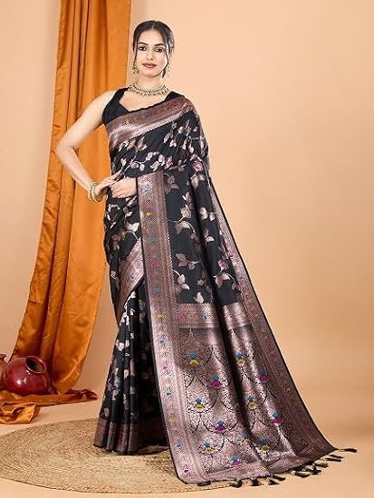 Banarasi Silk Saree with All-Over Zari Floral Leaf Weaving & Tassels | Pre-Stitched Fall & Pico Included | Vivirasmi