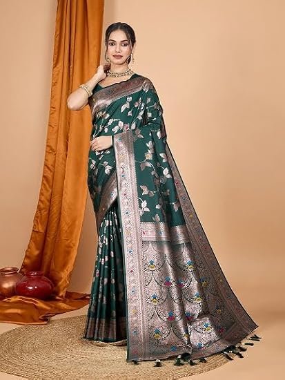 Banarasi Silk Saree with All-Over Zari Floral Leaf Weaving & Tassels | Pre-Stitched Fall & Pico Included | Vivirasmi