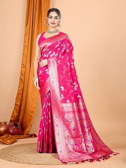 Banarasi Silk Saree with All-Over Zari Floral Leaf Weaving & Tassels | Pre-Stitched Fall & Pico Included | Vivirasmi