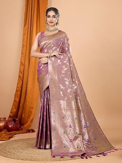 Banarasi Silk Saree with All-Over Zari Floral Leaf Weaving & Tassels | Pre-Stitched Fall & Pico Included | Vivirasmi