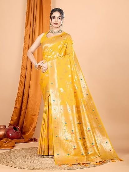 Banarasi Silk Saree with All-Over Zari Floral Leaf Weaving & Tassels | Pre-Stitched Fall & Pico Included | Vivirasmi