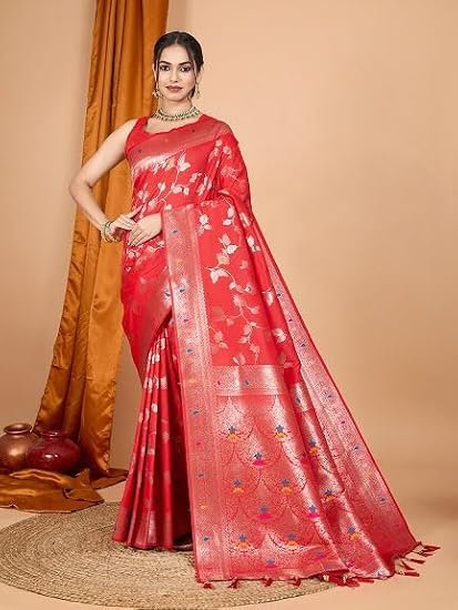 Banarasi Silk Saree with All-Over Zari Floral Leaf Weaving & Tassels | Pre-Stitched Fall & Pico Included | Vivirasmi