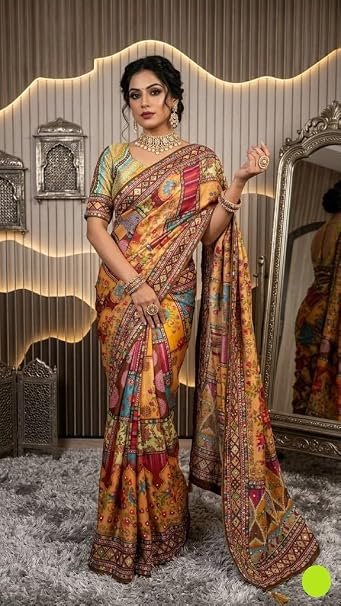 Pure Chinon Silk Designer Patchwork Printed Saree with Handwork Mirror Embroidery-FALL & PICO STITCHED & Unstitched Blouse Piece β Multicolor Floral & Geometric Festive Partywear Saree with Tassels