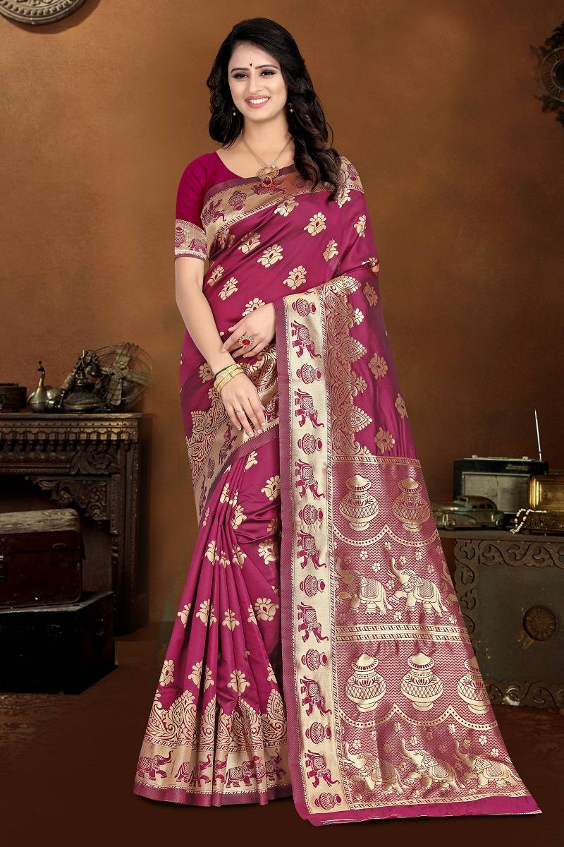 Women's Banarasi Silk Saree with Fall and Pico Stitched,Rich Pallu & Blouse Piece - Perfect for Weddings, Festivals & Parties
