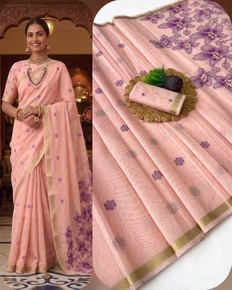 Soft Silk Cotton Saree for Women with Zari Border| Fall & Pico Stitched | Floral Digital Print Pallu | Banarasi Style Saree with Unstitched Blouse Piece