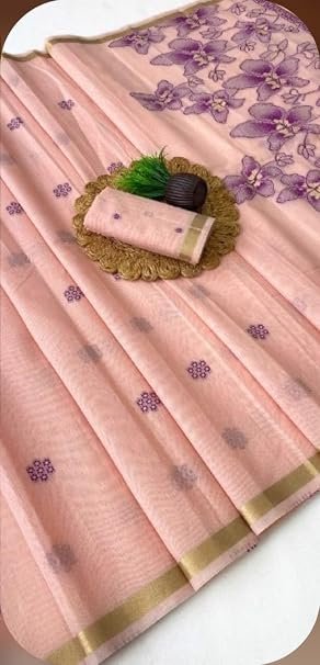 Soft Silk Cotton Saree for Women with Zari Border| Fall & Pico Stitched | Floral Digital Print Pallu | Banarasi Style Saree with Unstitched Blouse Piece
