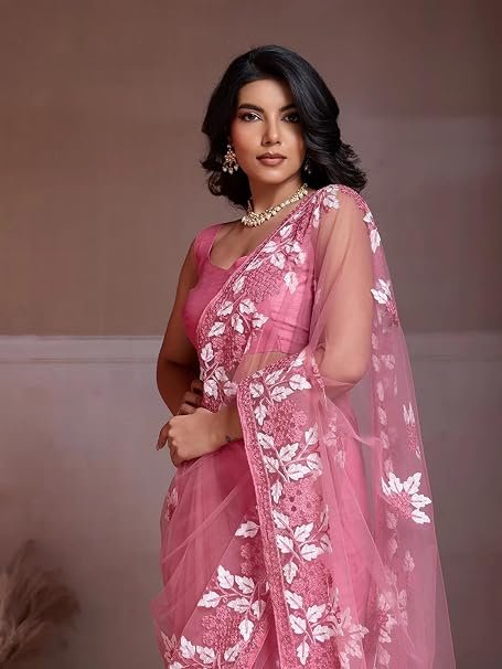 Luxury Soft Net Fancy Saree with Intricate Floral Embroidery & Scalloped Borders-FALL AND PICO STITCHED – Lightweight Evening Party Wear Collection