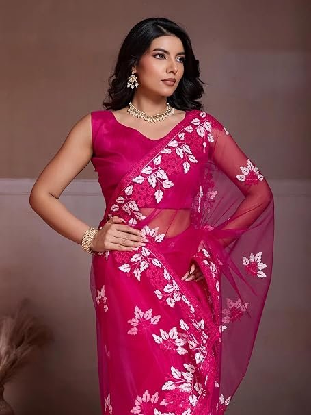 Luxury Soft Net Fancy Saree with Intricate Floral Embroidery & Scalloped Borders-FALL AND PICO STITCHED – Lightweight Evening Party Wear Collection