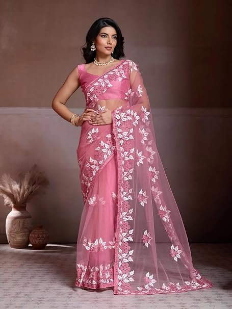 Luxury Soft Net Fancy Saree with Intricate Floral Embroidery & Scalloped Borders-FALL AND PICO STITCHED – Lightweight Evening Party Wear Collection