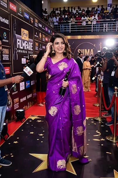 Celebrity-Inspired Soft Lichi Silk Saree -FALL AND PICO STITCHED - Rich Jacquard Woven Motifs – Full Body Weaving & Contrast Border – Premium Festive Wear