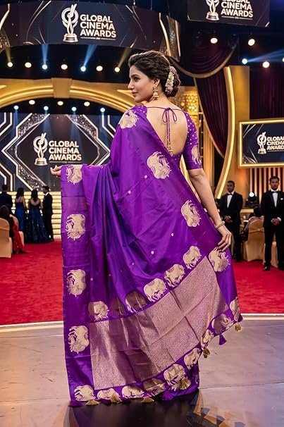 Celebrity-Inspired Soft Lichi Silk Saree -FALL AND PICO STITCHED - Rich Jacquard Woven Motifs – Full Body Weaving & Contrast Border – Premium Festive Wear