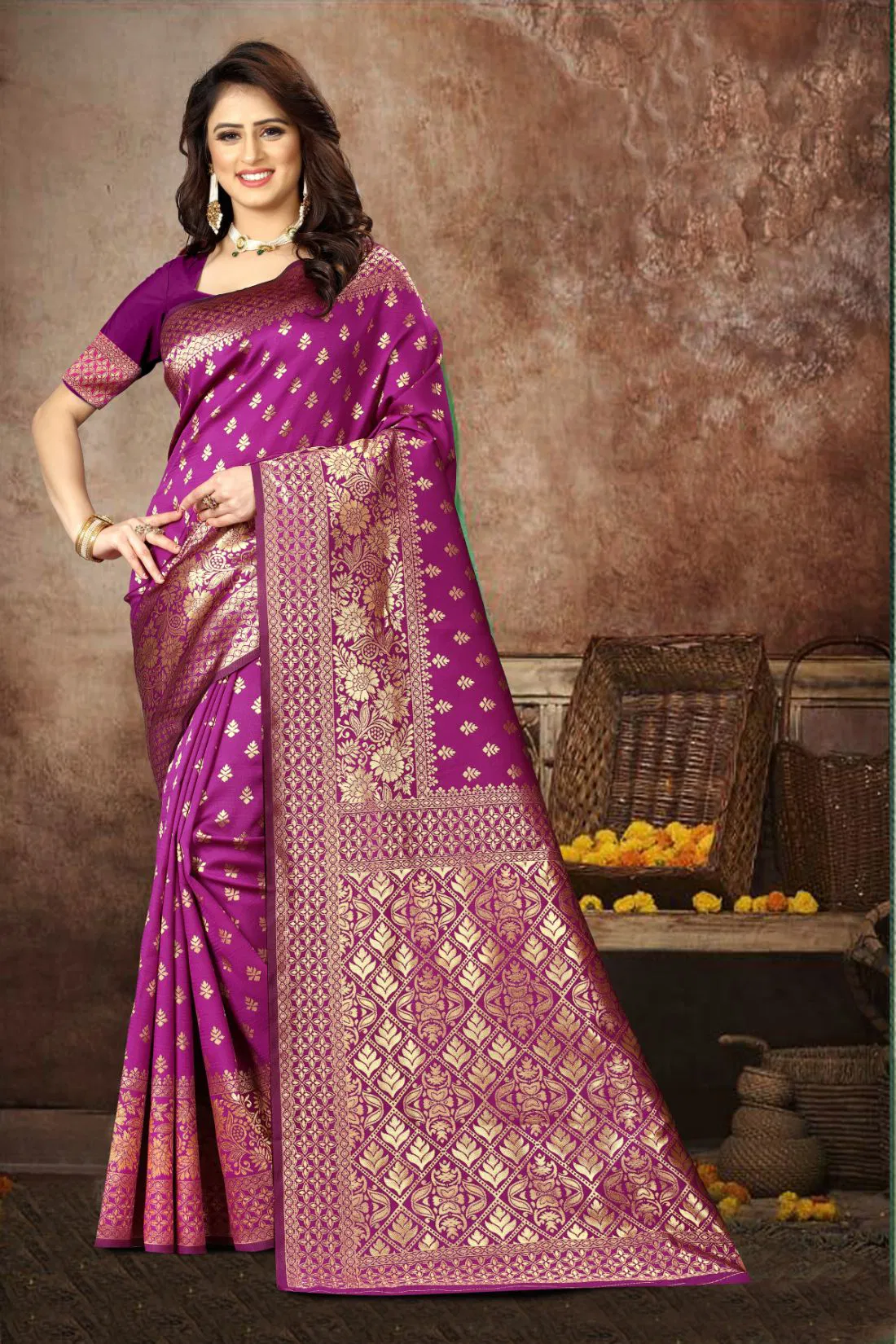 Banarasi Silk Saree| Fall & Pico Stitched | Traditional Zari Weaving & Rich Pallu