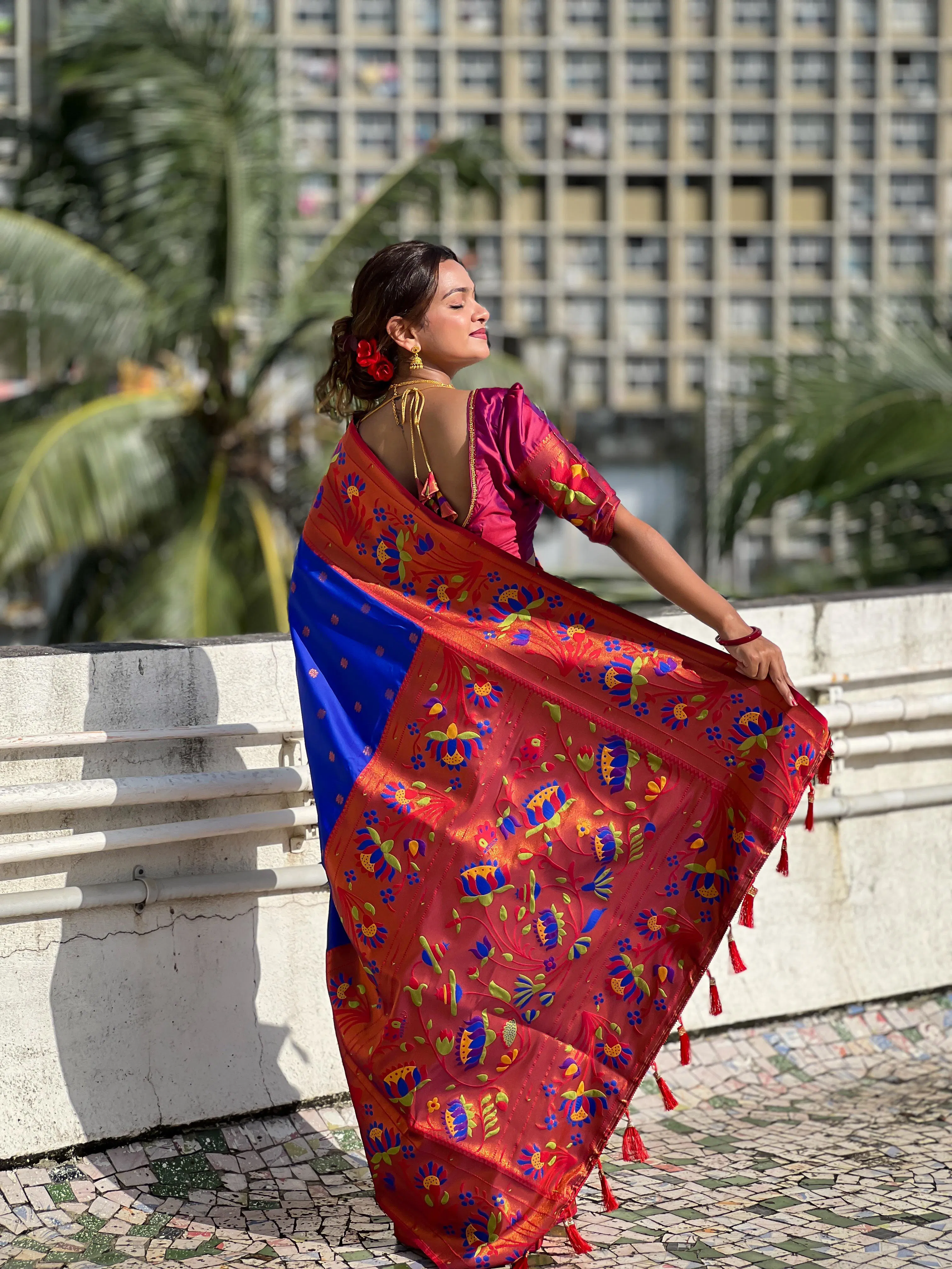 Neeta Ambani Saree- Pre-Finished (Fall/Pico Done) -Luxury Meenakari Royal Paithani Silk Saree for Weddings β Soft Silk with Gold Zari & Contrast Blouse Piece