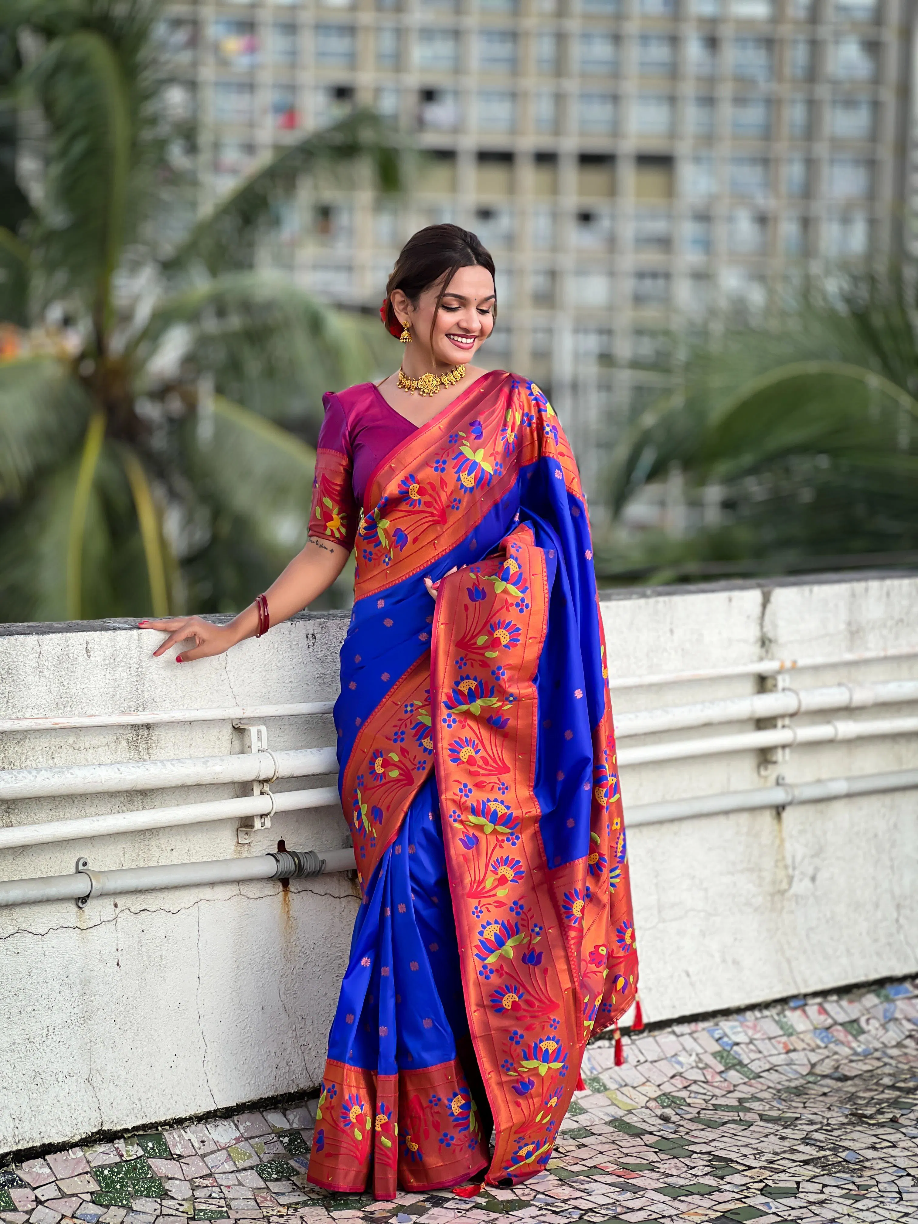 Neeta Ambani Saree- Pre-Finished (Fall/Pico Done) -Luxury Meenakari Royal Paithani Silk Saree for Weddings β Soft Silk with Gold Zari & Contrast Blouse Piece