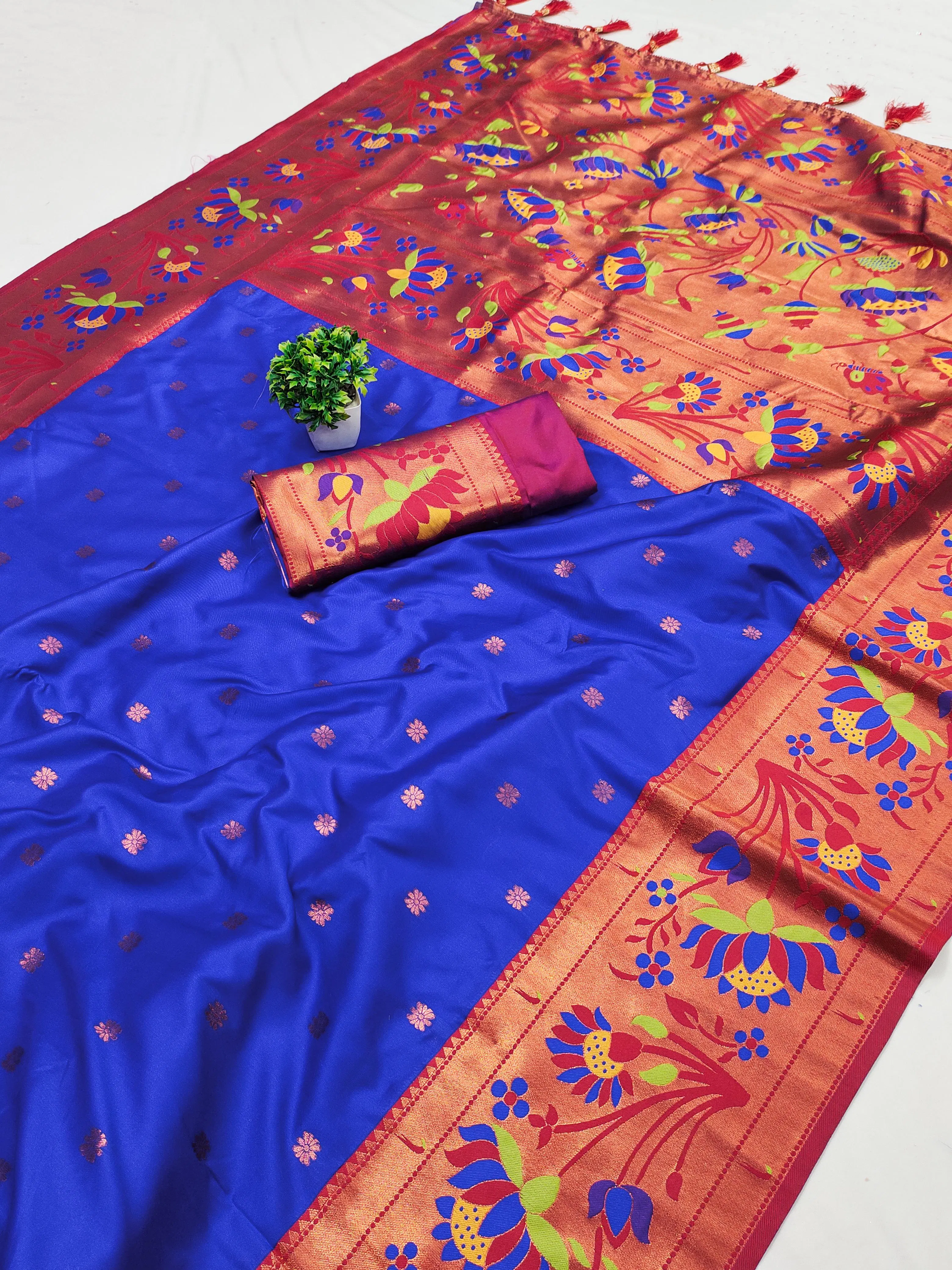 Neeta Ambani Saree- Pre-Finished (Fall/Pico Done) -Luxury Meenakari Royal Paithani Silk Saree for Weddings β Soft Silk with Gold Zari & Contrast Blouse Piece