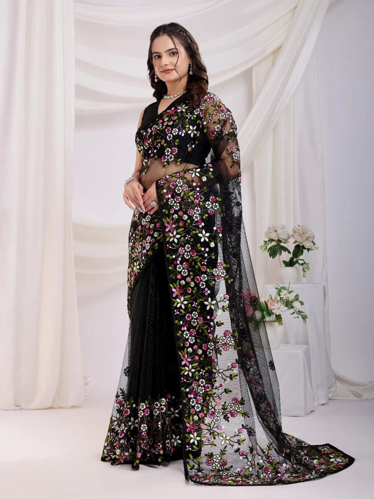 Designer Net Embroidery Saree | Fall & Pico Stitched| Featuring Vivid Floral Motifs and Matching Blouse Piece
