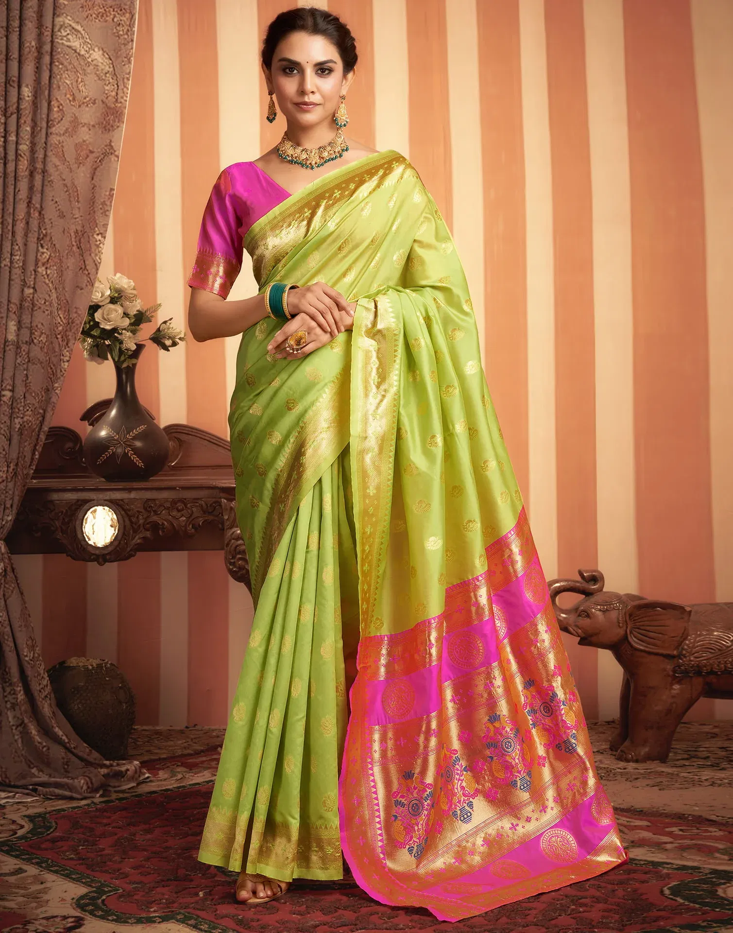 Pure Paithani Silk (Queen of silk) Saree |Pre-Finished to Wear (Fall & Pico Stitched) |Rich Zari Pallu & Peacock Motifs | Traditional Wedding Saree with Unstitched Blouse