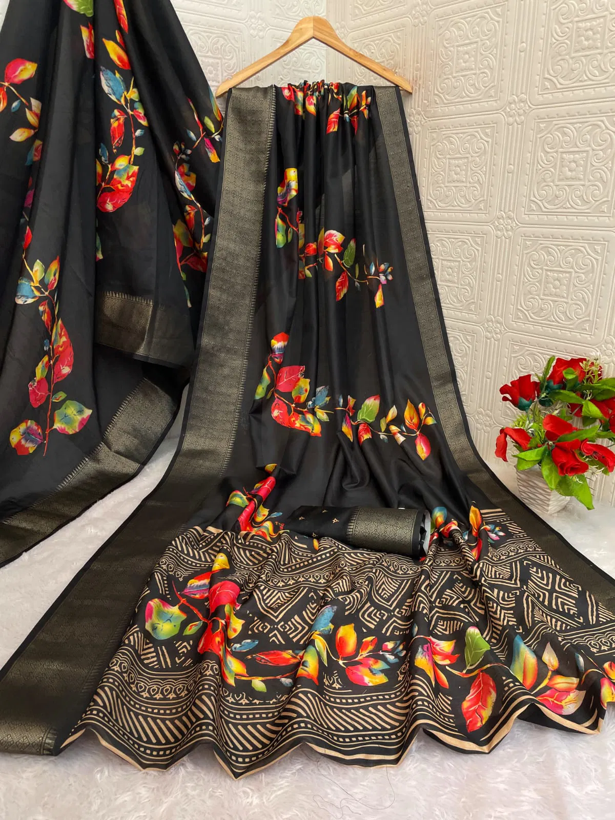 Digital Printed Dola Silk Saree βFall & Pico Stitched- Antique Jacquard Border