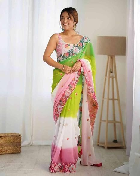 Ready To wear saree. Designer Ombre Georgette Saree with Heavy Floral Thread Embroidery & Sequin Work | Vivirasmi |Party Wear Fancy Border Saree