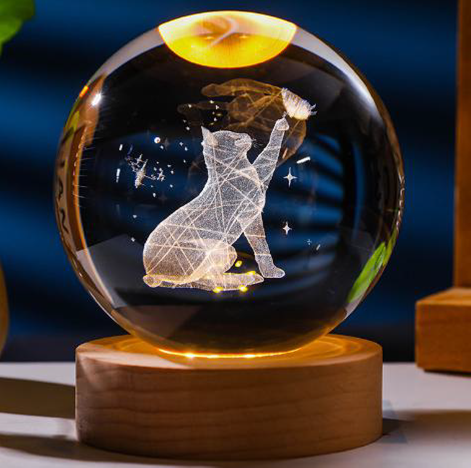 3-D Crystal Ball Night Lights - Unique 3D Laser Engraved Lamp Set-8CM Big (Cat, Forever, Rose 'Love') with Wooden LED Base - Gift for Animal Lovers & Couples. Night Lamp