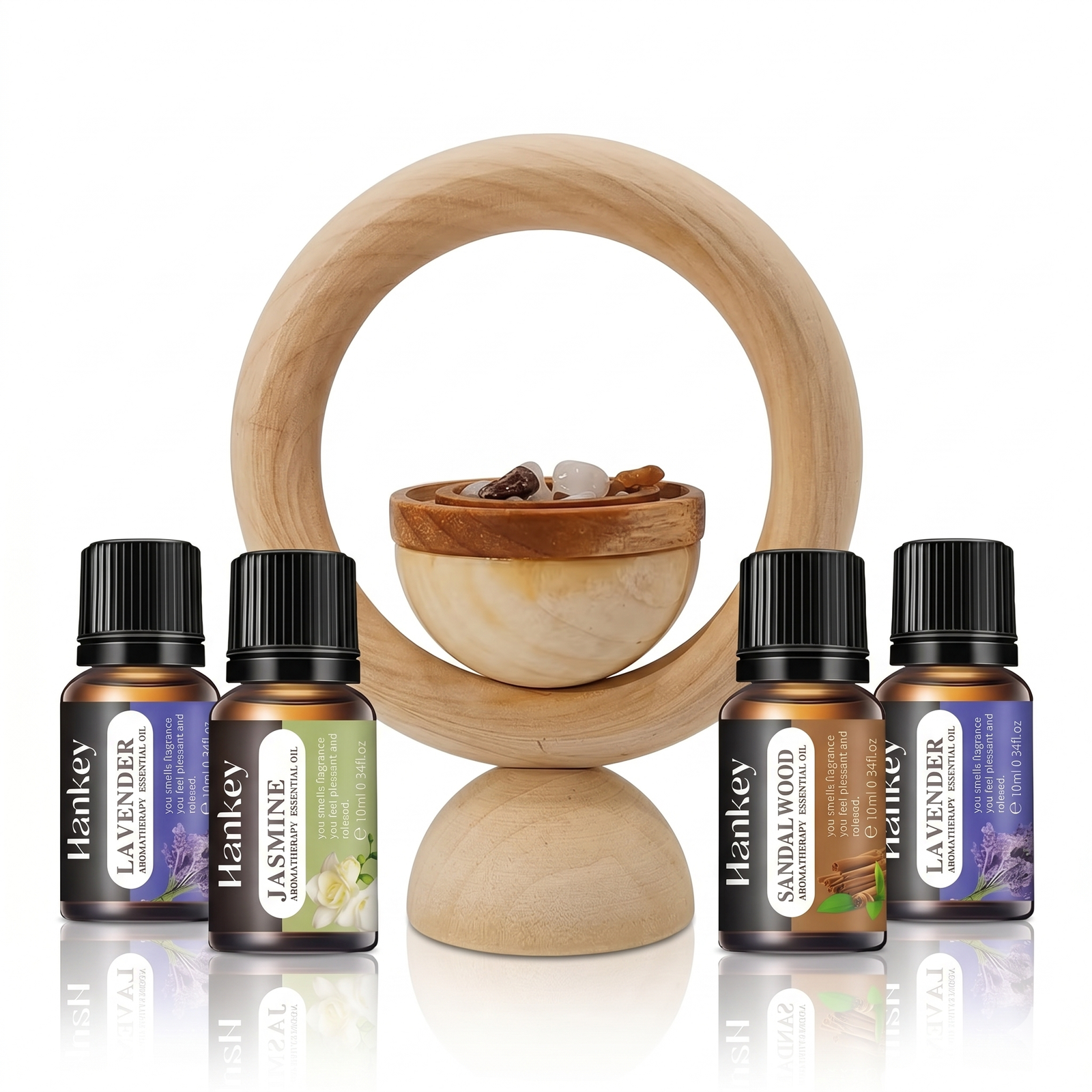 Natural Wood Essential Oil Diffuser with Healing Stones – Includes Free 10ml Essential Oil (Lavender, Jasmine, or Sandalwood)