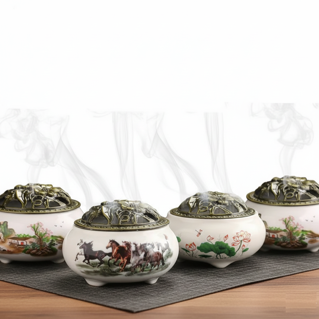 White Theme-Ceramic Incense Burner, Decorative Holder for Sticks & Cones and Tablets, Ash Catcher for Home Fragrance, Bakhoor, Vivirasmi | Meditation & Aromatherapy