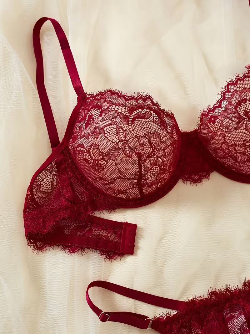 2pcs Women'S Sexy Lingerie Set -Medium Support, No Padding, Perfect for Adult,Seductive Clothing | Floral Lace Design (Crimson)