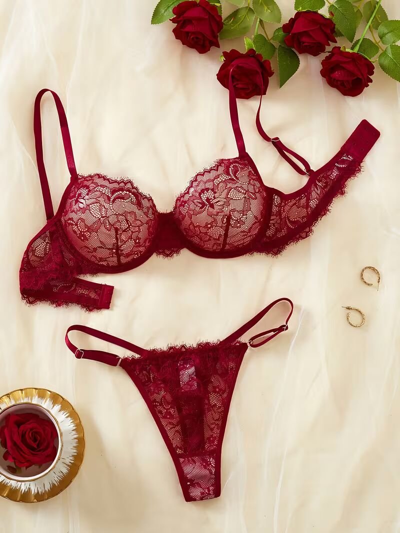 2pcs Women'S Sexy Lingerie Set -Medium Support, No Padding, Perfect for Adult,Seductive Clothing | Floral Lace Design (Crimson)