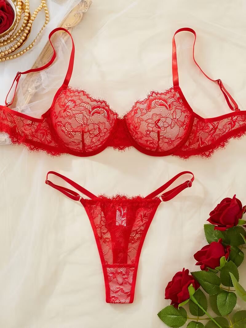 2pcs Women'S Sexy Lingerie Set -Medium Support, No Padding, Perfect for Adult,Seductive Clothing | Floral Lace Design | Lace Bra Set (Red)