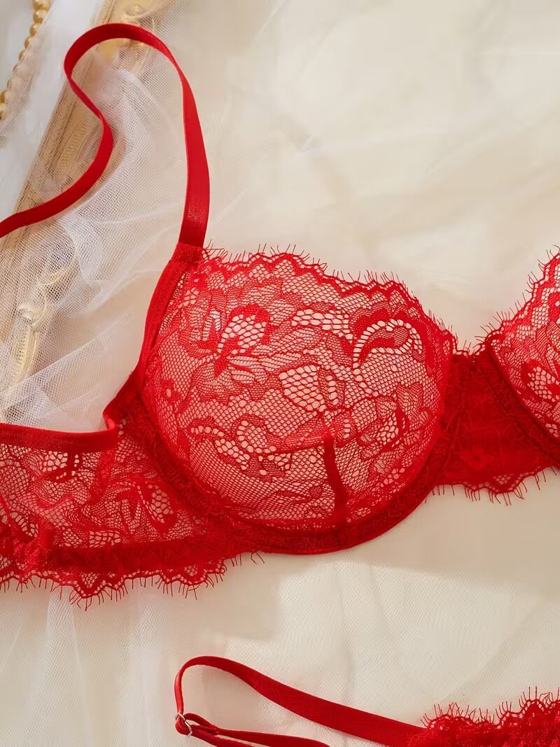 2pcs Women'S Sexy Lingerie Set -Medium Support, No Padding, Perfect for Adult,Seductive Clothing | Floral Lace Design | Lace Bra Set (Red)