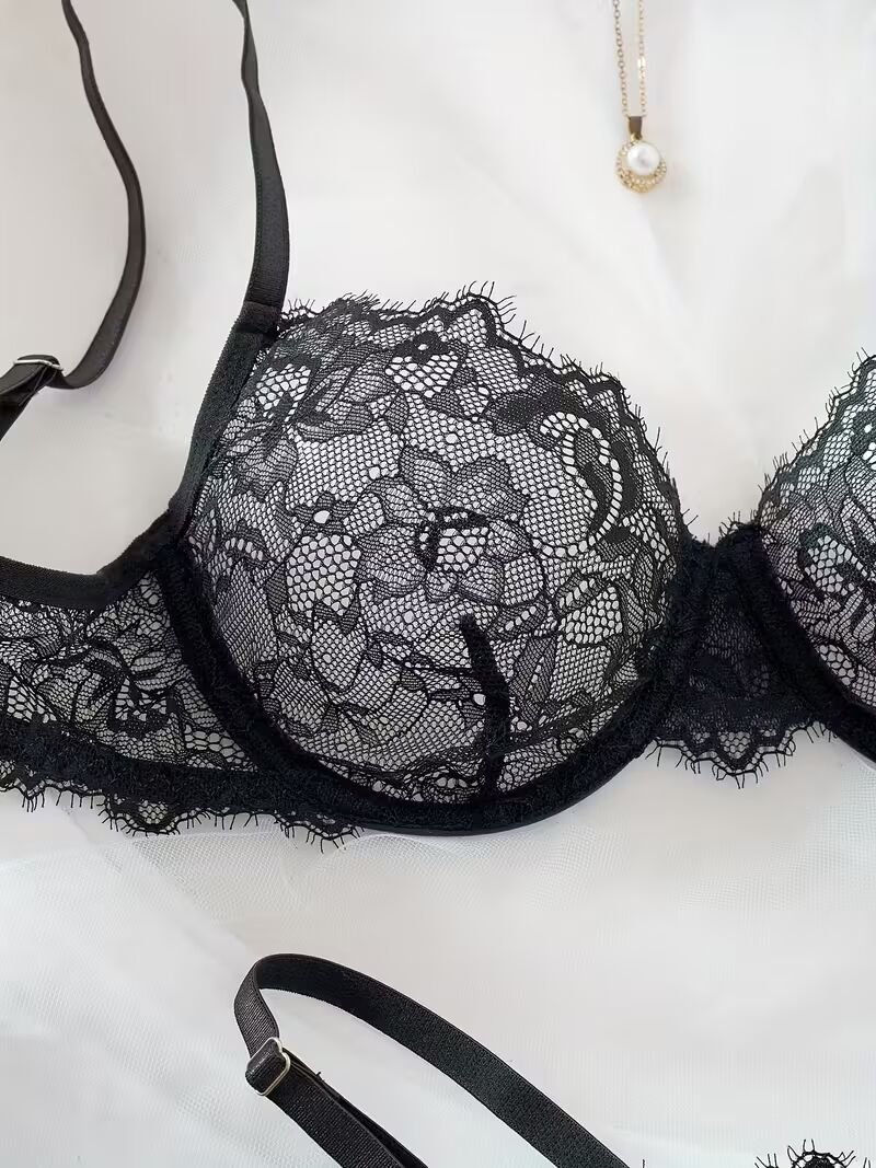 2pcs Women'S Sexy Lingerie Set -Medium Support, No Padding, Perfect for Adult,Seductive Clothing | Floral Lace Design(Black)