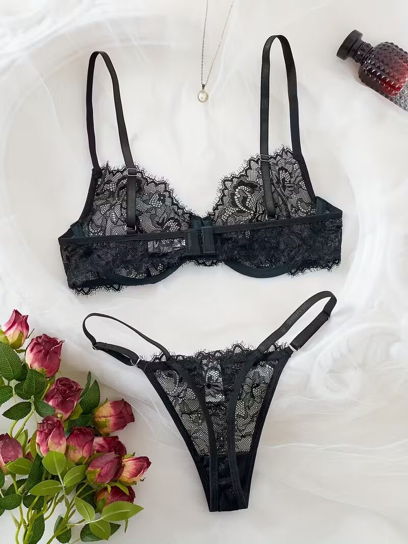 2pcs Women'S Sexy Lingerie Set -Medium Support, No Padding, Perfect for Adult,Seductive Clothing | Floral Lace Design(Black)