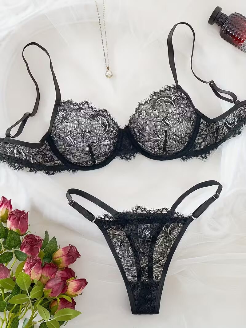 2pcs Women'S Sexy Lingerie Set -Medium Support, No Padding, Perfect for Adult,Seductive Clothing | Floral Lace Design(Black)