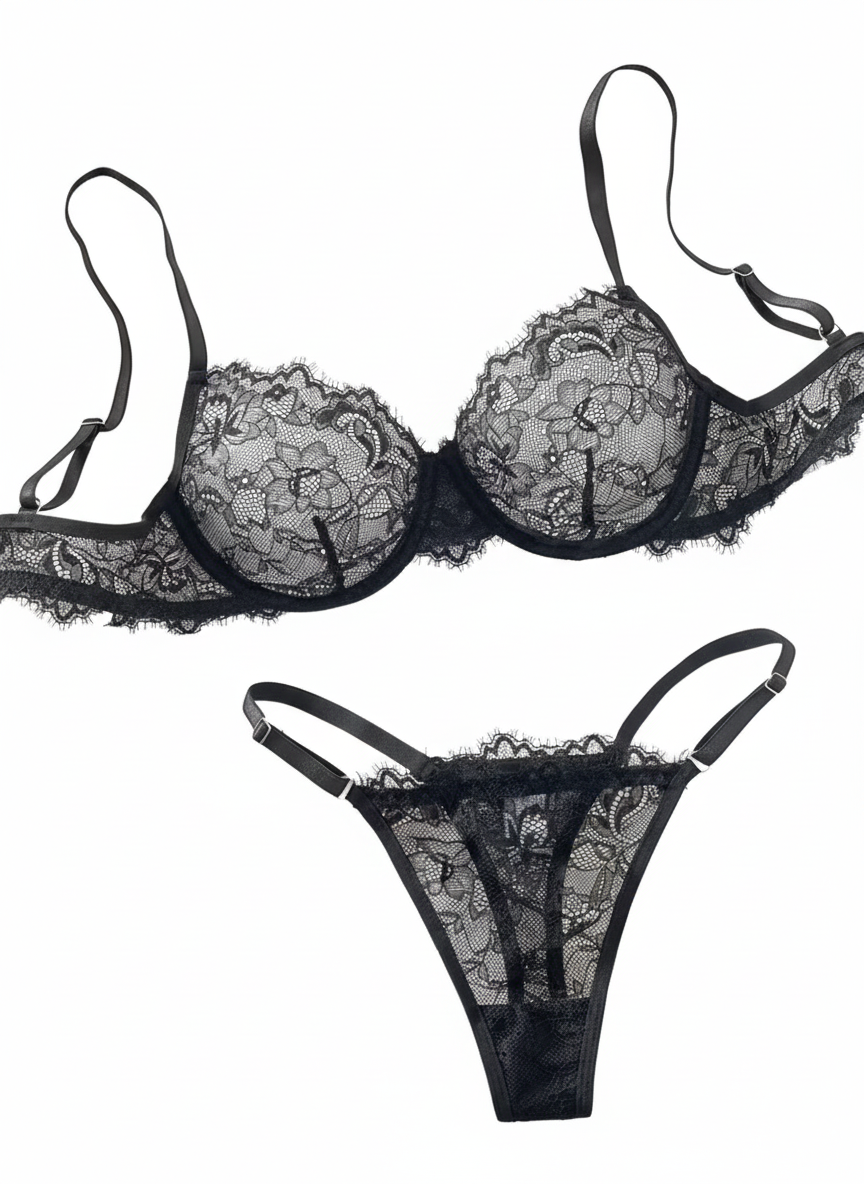 2pcs Women'S Sexy Lingerie Set -Medium Support, No Padding, Perfect for Adult,Seductive Clothing | Floral Lace Design(Black)