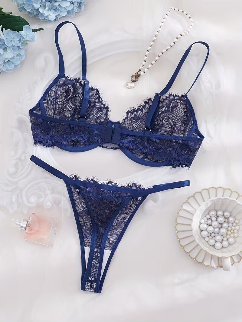 2pcs Women'S Sexy Lingerie Set -Medium Support, No Padding, Perfect for Adult,Seductive Clothing | Floral Lace Design (Blue)