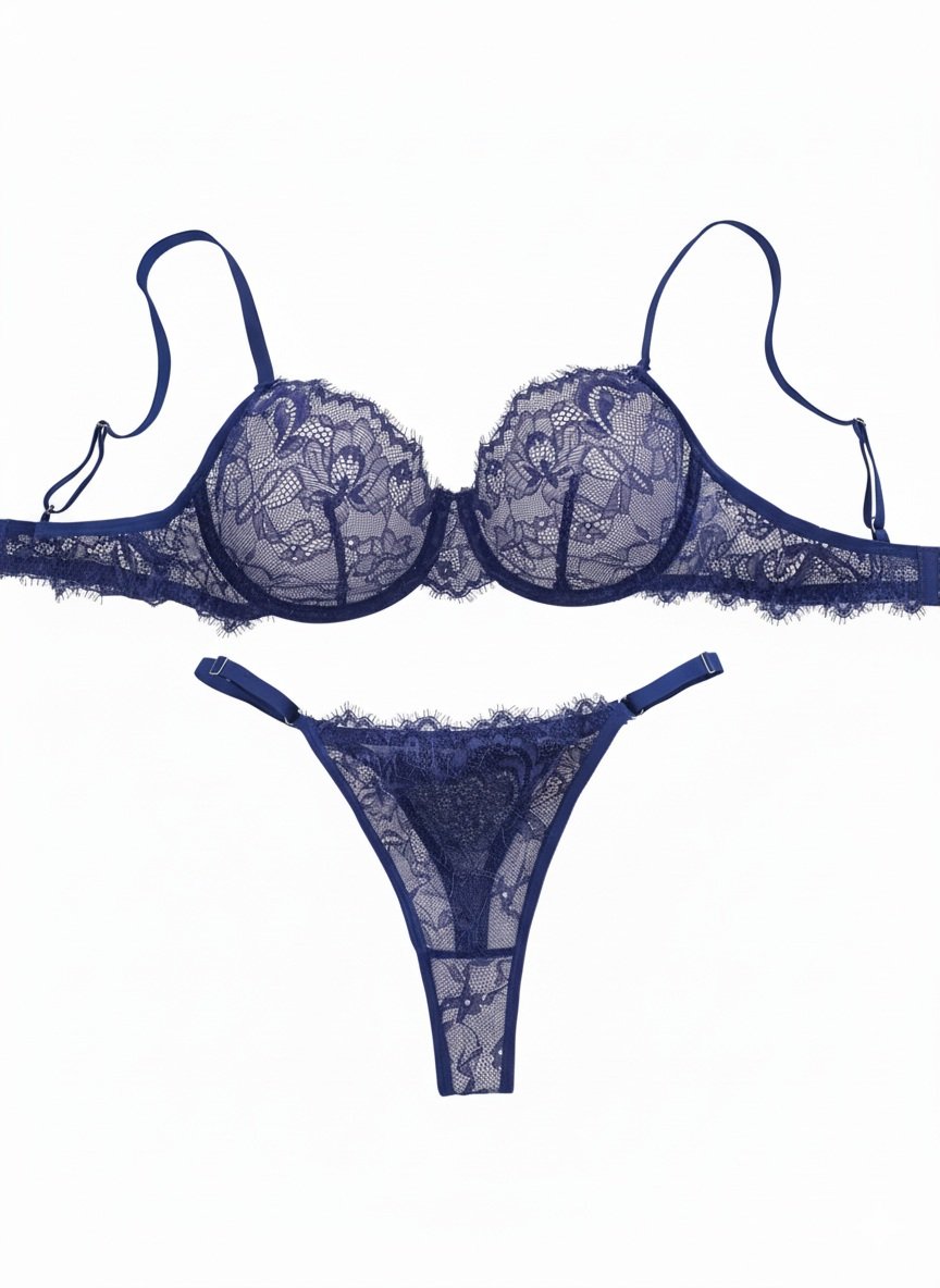 2pcs Women'S Sexy Lingerie Set -Medium Support, No Padding, Perfect for Adult,Seductive Clothing | Floral Lace Design (Blue)