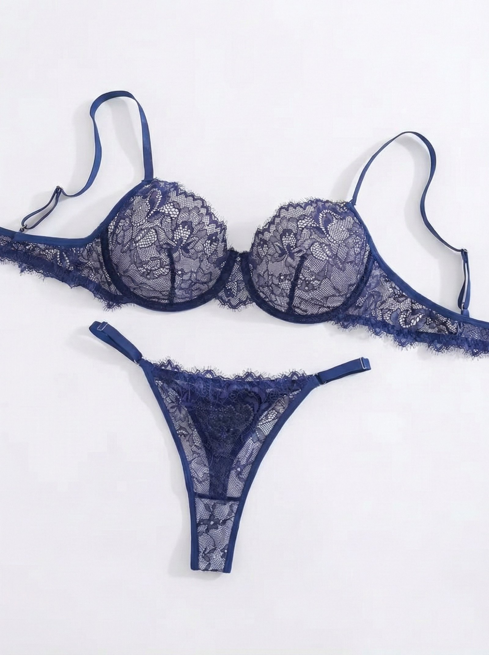 2pcs Women'S Sexy Lingerie Set -Medium Support, No Padding, Perfect for Adult,Seductive Clothing | Floral Lace Design (Blue)