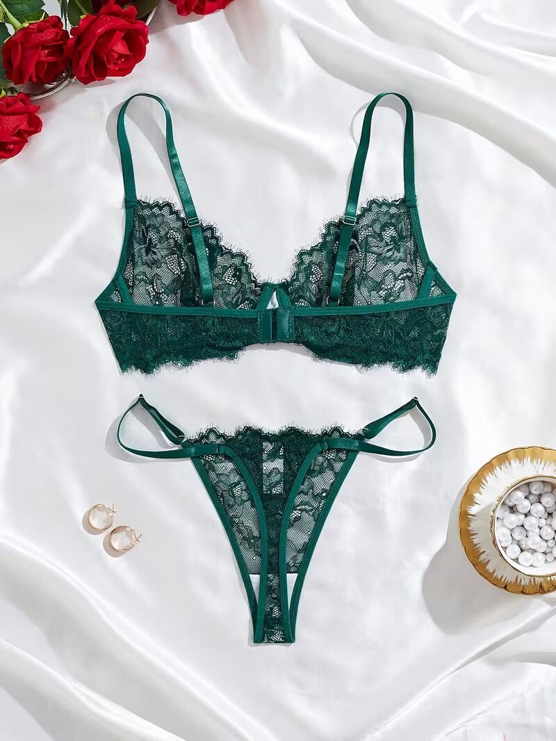 2pcs Women'S Sexy Lingerie Set -Medium Support, No Padding, Perfect for Adult,Seductive Clothing | Floral Lace Design (Green)