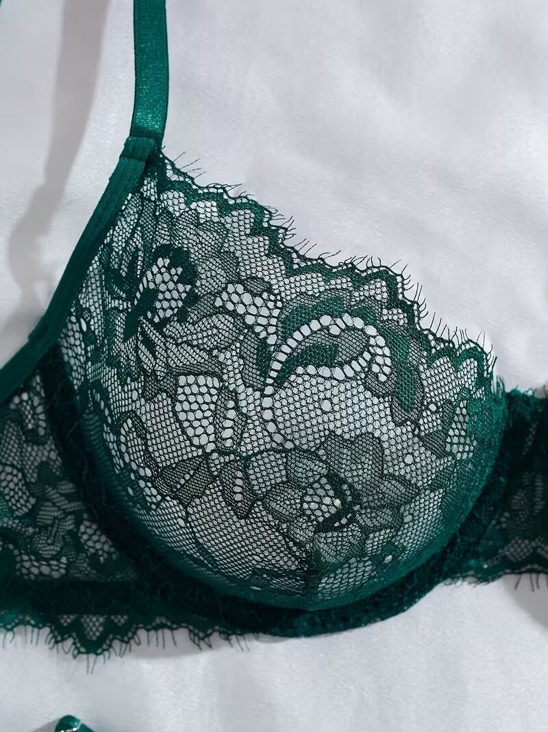 2pcs Women'S Sexy Lingerie Set -Medium Support, No Padding, Perfect for Adult,Seductive Clothing | Floral Lace Design (Green)
