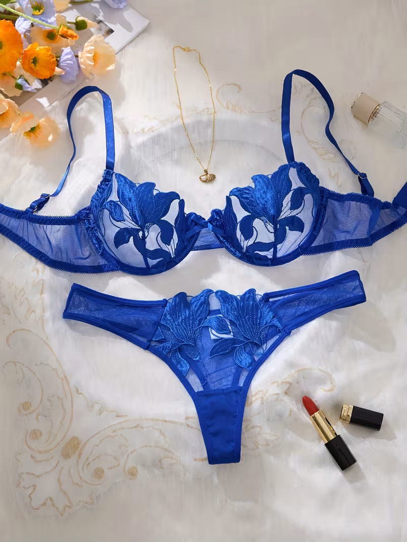 2pcs Women'S Sexy Lingerie Set -Medium Support, No Padding, Perfect for Adult,Seductive Clothing | Vivirasmi|Floral Lace Design (Dark Blue)