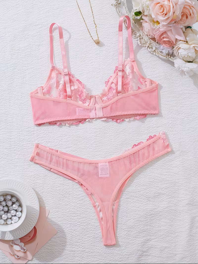 2pcs Women'S Sexy Lingerie Set -Medium Support, No Padding, Perfect for Adult,Seductive Clothing | Floral Lace Design ( Pink Flower)