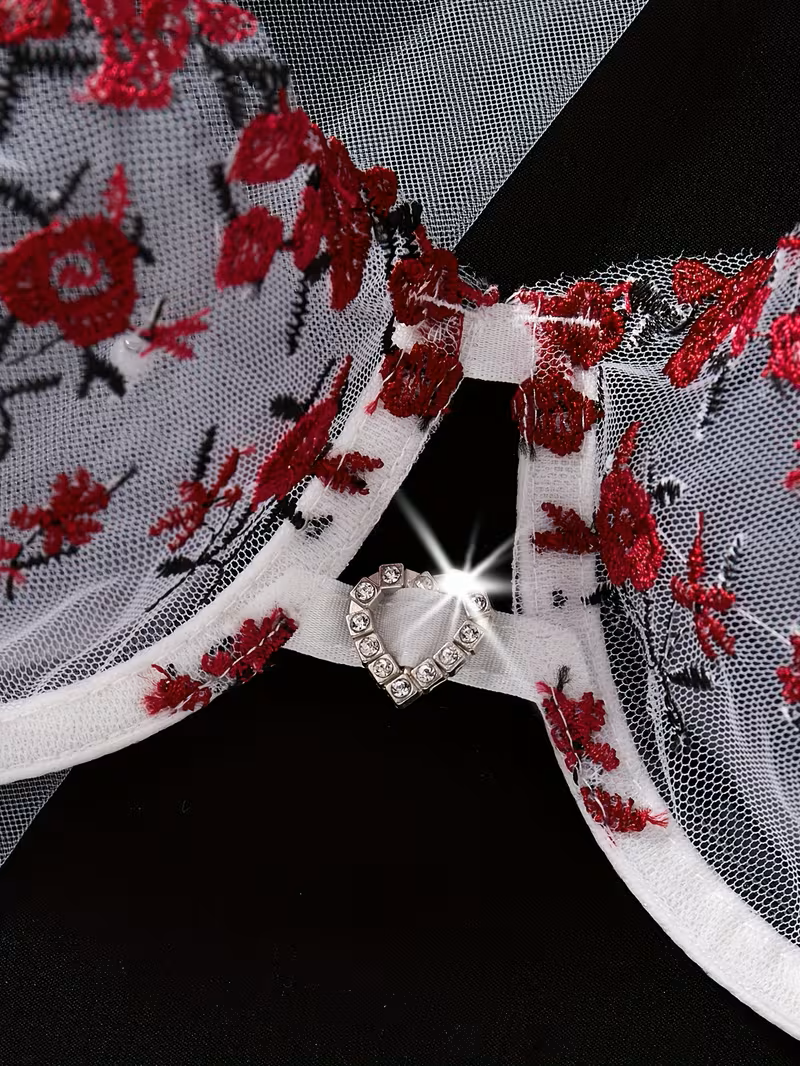 2pcs Women'S Sexy Lingerie Set -Medium Support, No Padding, Perfect for Adult,Seductive Clothing | Vivirasmi|Floral Lace Design (White Red)
