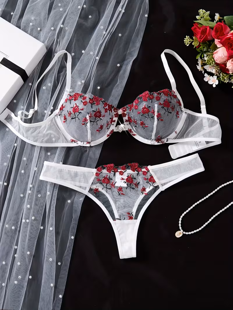 2pcs Women'S Sexy Lingerie Set -Medium Support, No Padding, Perfect for Adult,Seductive Clothing | Vivirasmi|Floral Lace Design (White Red)