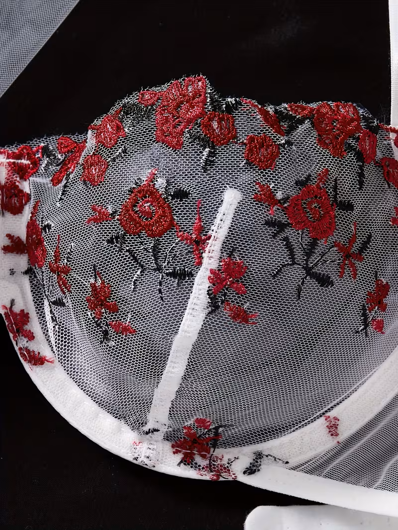 2pcs Women'S Sexy Lingerie Set -Medium Support, No Padding, Perfect for Adult,Seductive Clothing | Vivirasmi|Floral Lace Design (White Red)