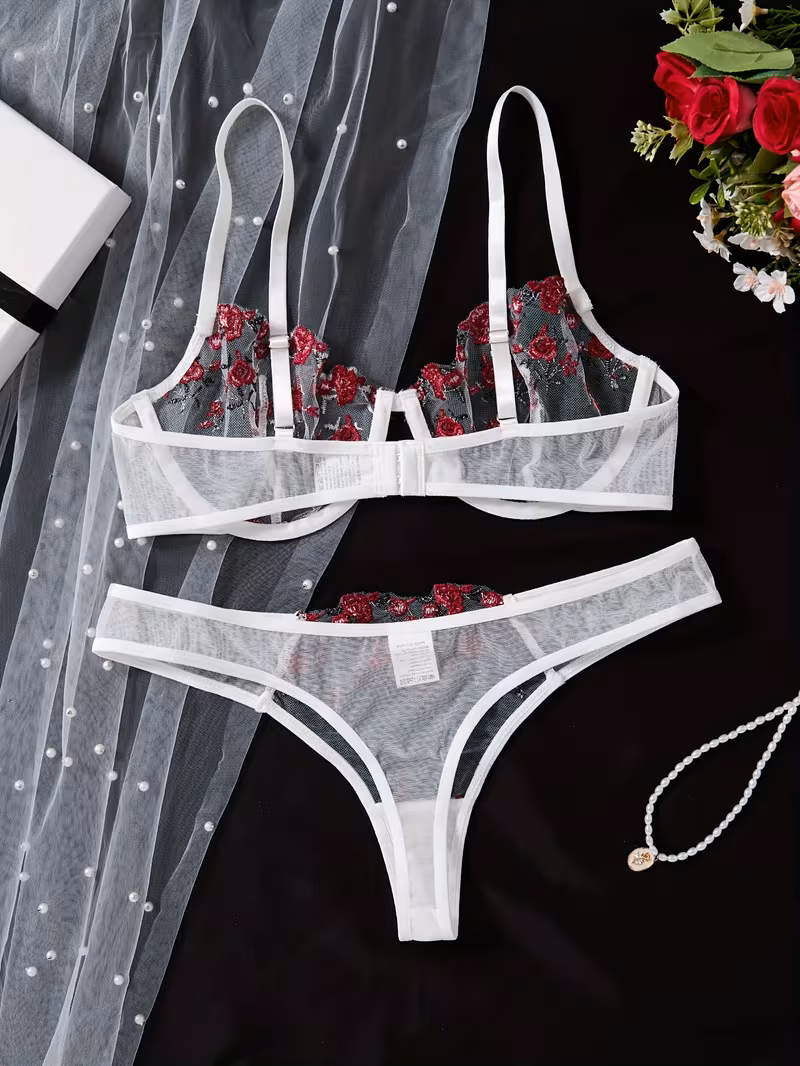 2pcs Women'S Sexy Lingerie Set -Medium Support, No Padding, Perfect for Adult,Seductive Clothing | Vivirasmi|Floral Lace Design (White Red)
