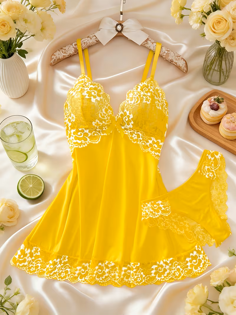 2pcs Women'S Sexy Lingerie Set -2-Piece Contrast Floral Lace Nightgown Set β V-Neck Babydoll & Matching Panty-Chemise Set-Floral Patchwork Babydoll with Panties β Elegant Sleepwear-Bridal Lingarie (Ye