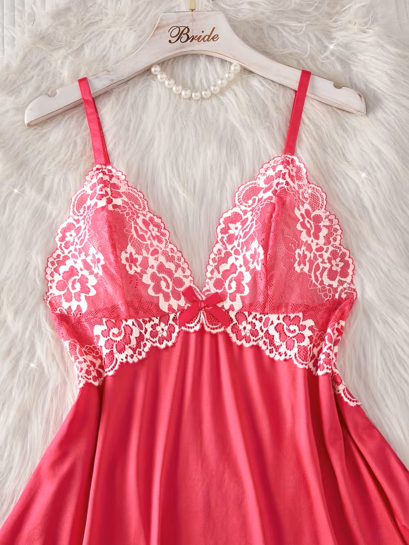 2pcs Women'S Sexy Lingerie Set -2-Piece Contrast Floral Lace Nightgown Set – V-Neck Babydoll & Matching Panty-Chemise Set-Floral Patchwork Babydoll with Panties – Elegant Sleepwear-Bridal Lingarie (Ro