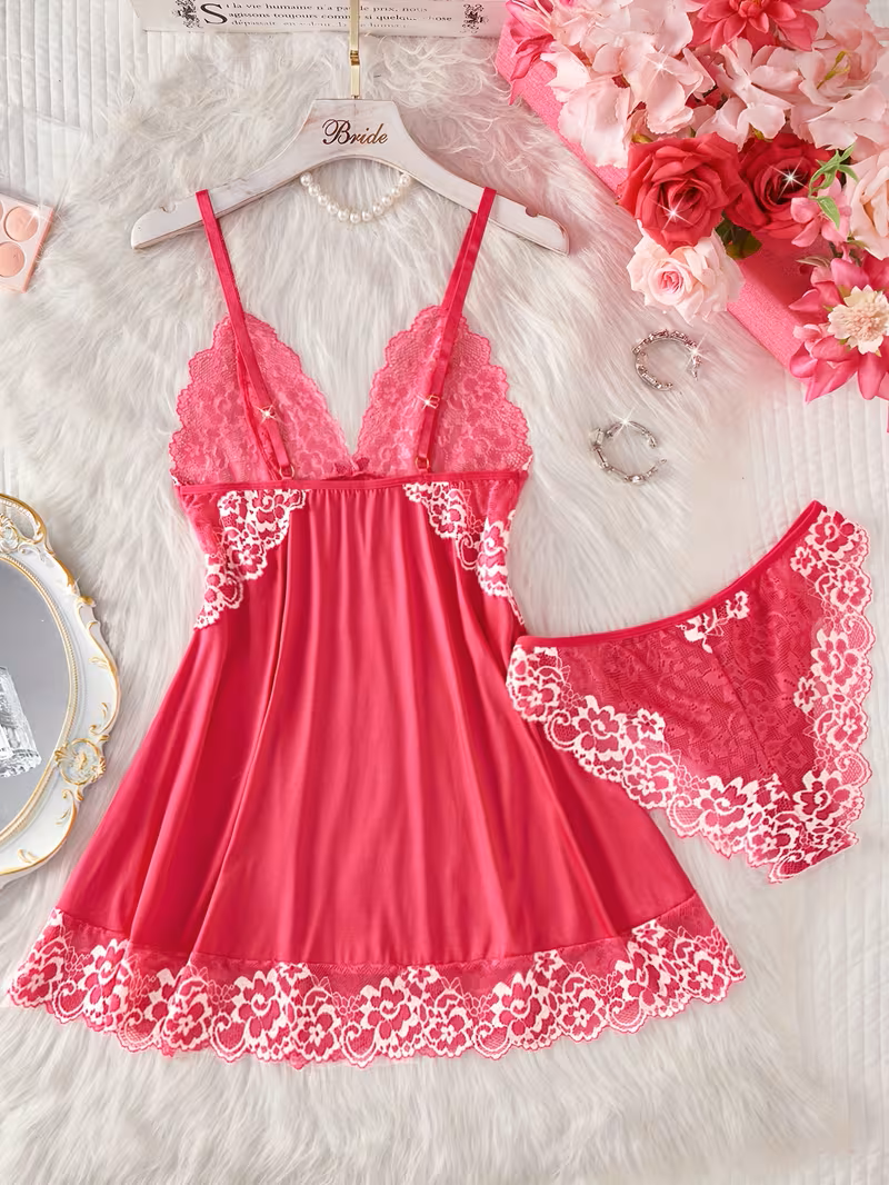 2pcs Women'S Sexy Lingerie Set -2-Piece Contrast Floral Lace Nightgown Set – V-Neck Babydoll & Matching Panty-Chemise Set-Floral Patchwork Babydoll with Panties – Elegant Sleepwear-Bridal Lingarie (Ro